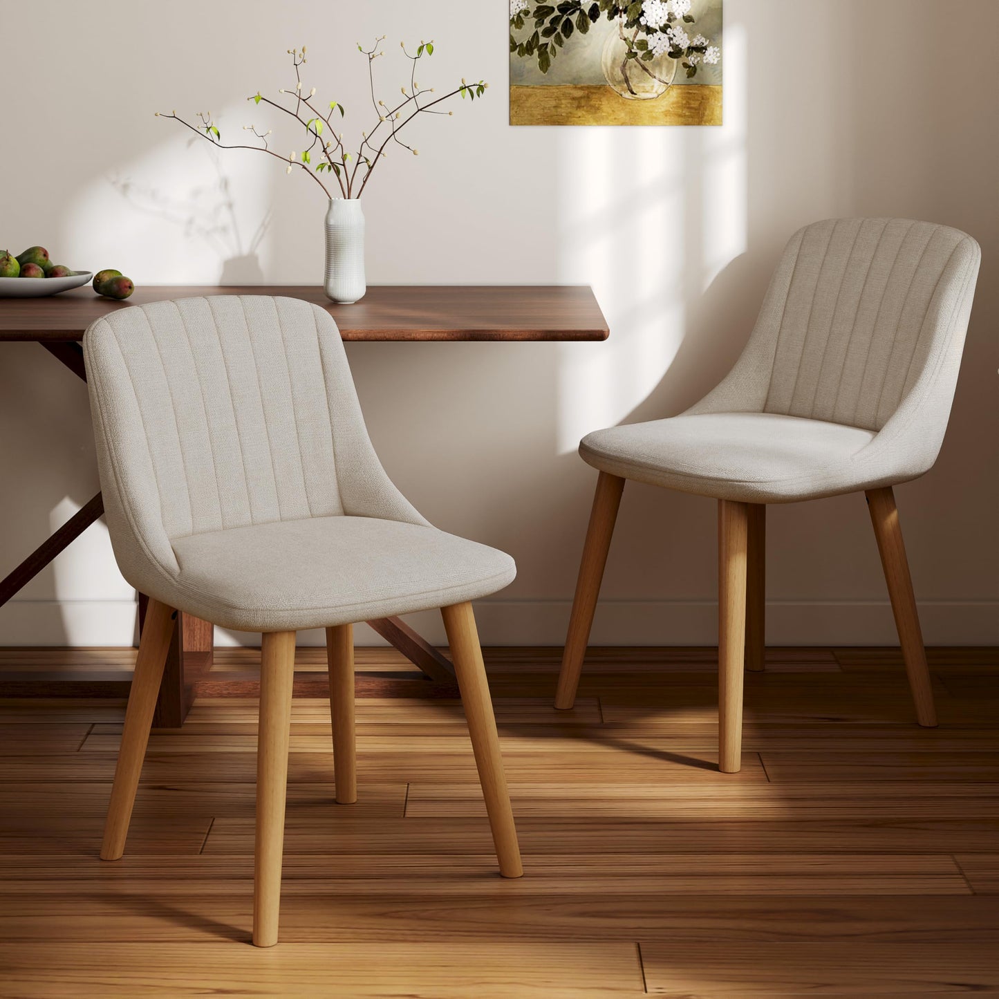 Goeurvant Dining Chairs Set of 4 Polyester Chairs for Living Room with Wood Legs Upholstered Kitchen Chair, Beige