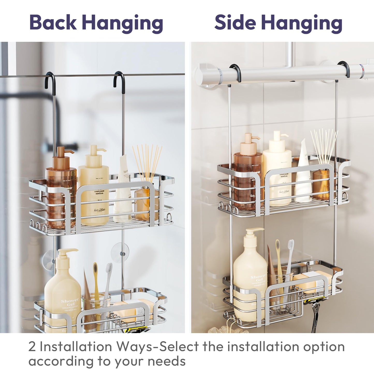 SWTYMIKI Shower Caddy Hanging Organiser - Over Door Shower Caddy with Soap Holder, 11 Hooks, 2 Installation Ways for Shower Organiser