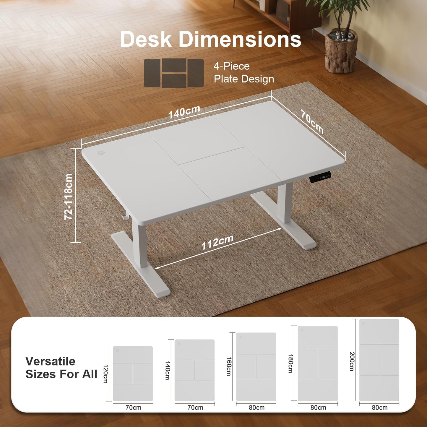 JUMMICO Height-Adjustable Desk 140 x 70 cm with Cable Tray, Height-Adjustable Electric Standing Desk with USB Socket, Computer Desk