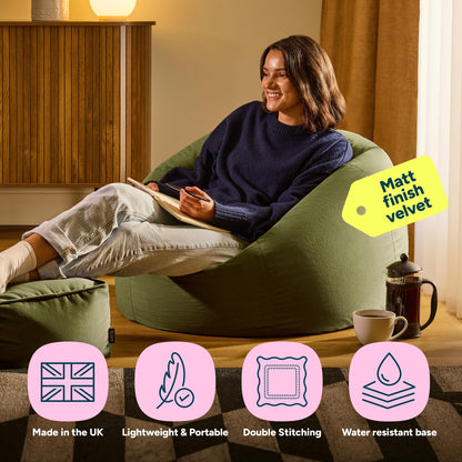icon Kingston Velvet Bean Bag & Footstool with Filling Included, Green