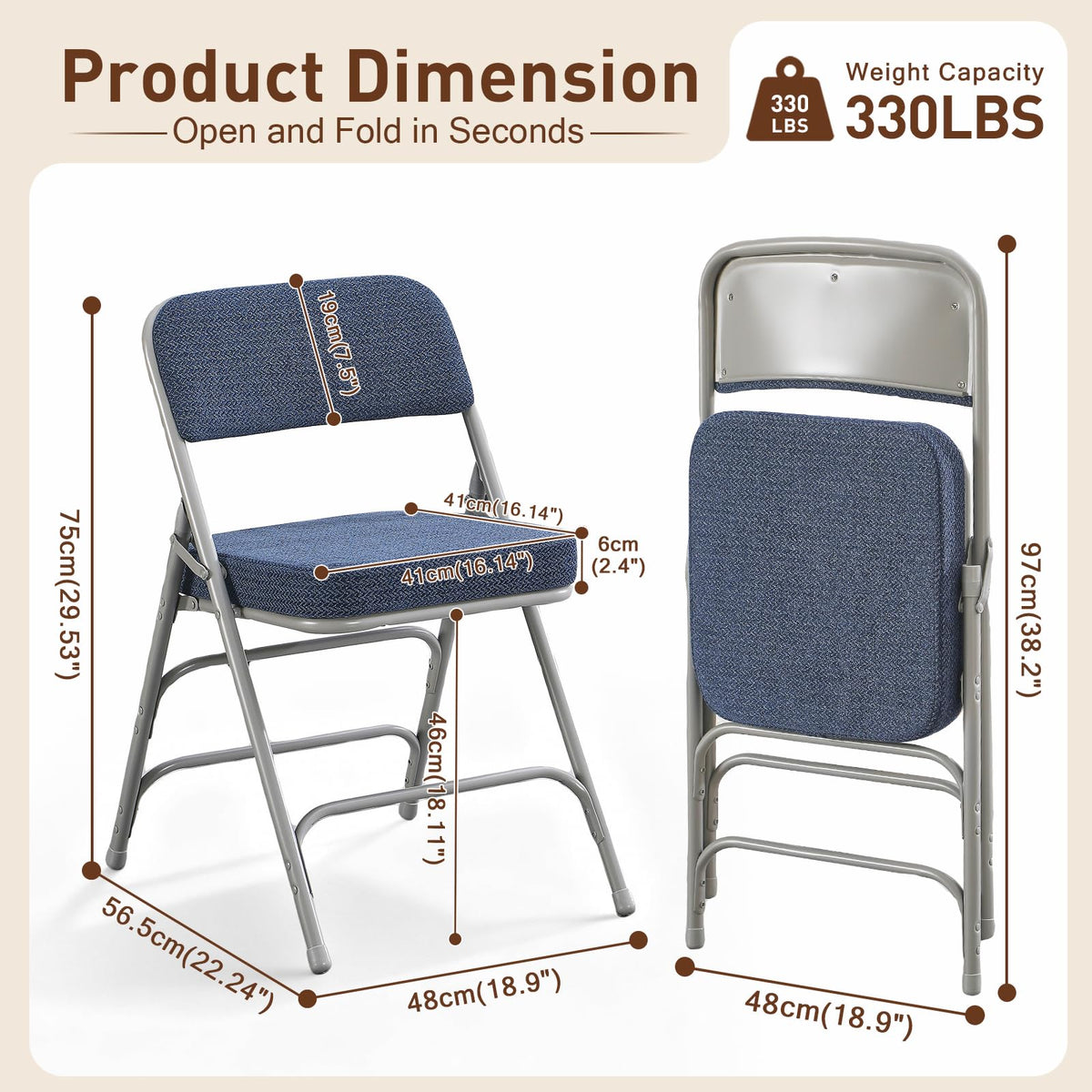BOOSDEN Blue Padded Folding Chair with Fabric Cushion, Single Folded Chairs