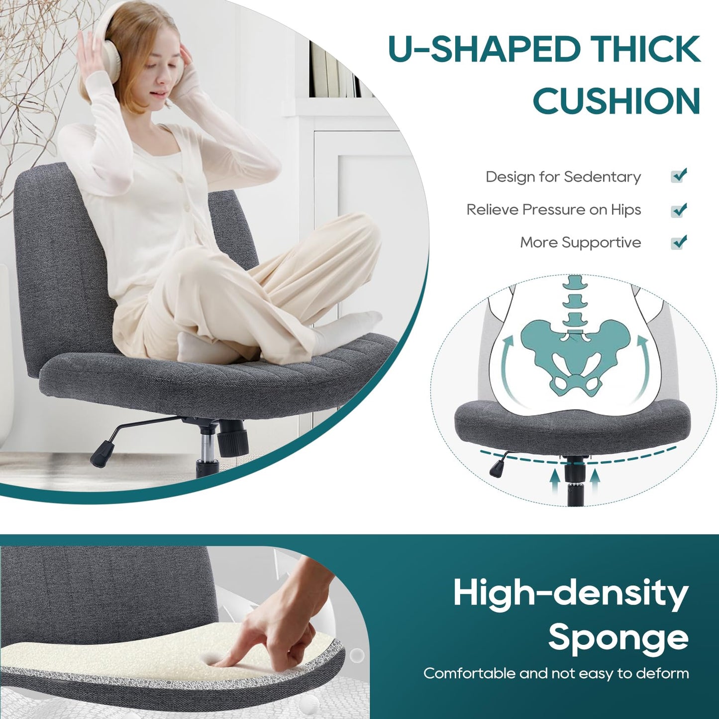 COLAMY Wide Office Chair, Padded Armless Task Vanity Chair Swivel Home Office Desk Chair 115°Rocking Mid Back Ergonomic Computer Chair for Home