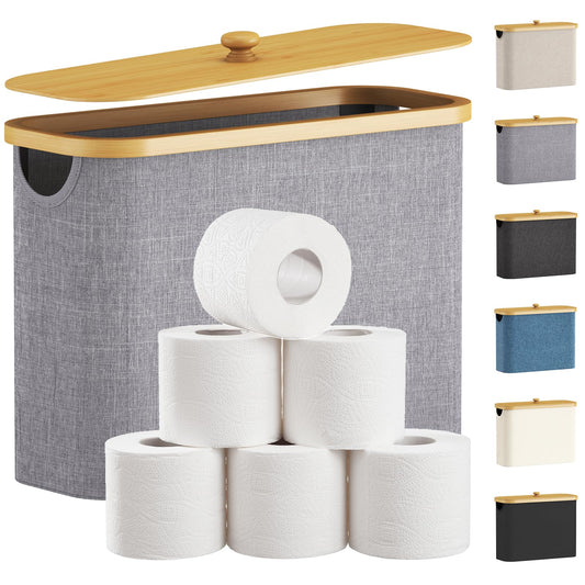 Lifewit 23L Toilet Roll Storage, Bathroom Storage Box Holder Stand with Lid, Bamboo Multifunctional Toilet Paper Basket Cabinet with Handle, Grey