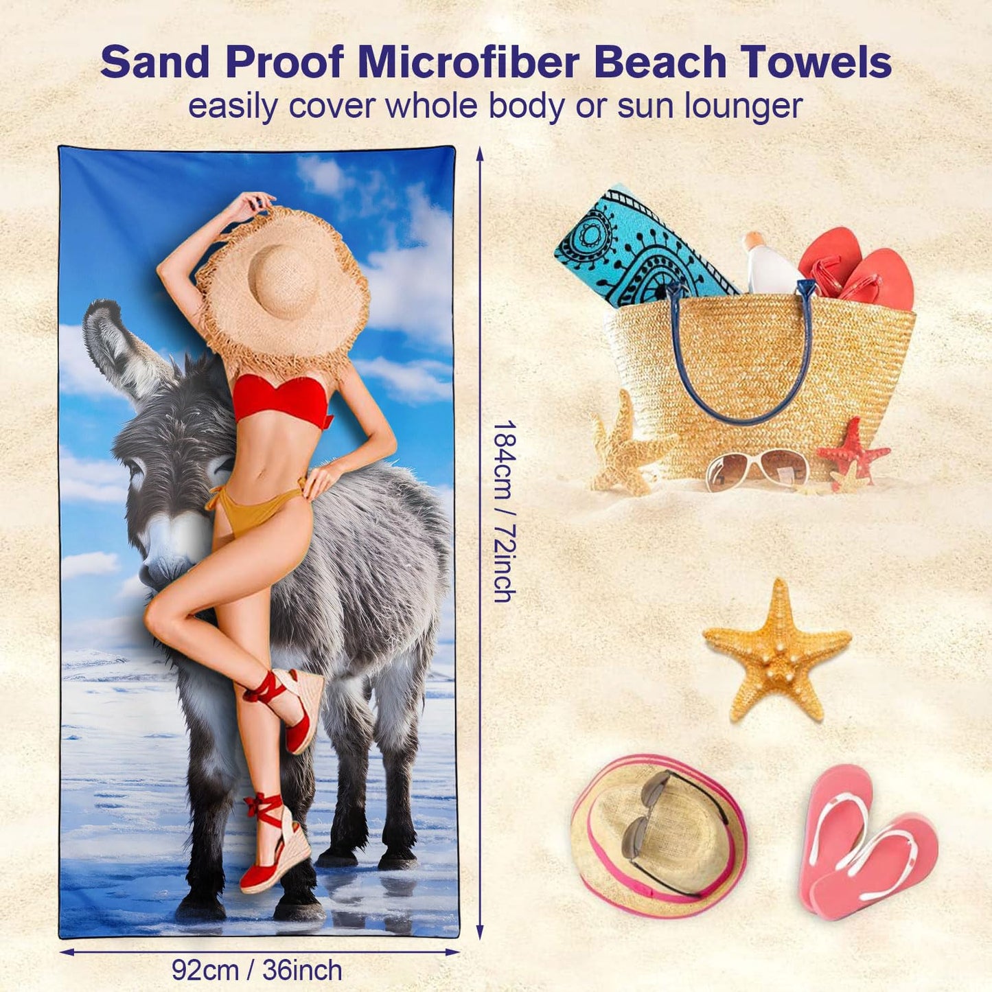 YISUMEI Donkey Beach Towels for Adults Extra Large 180 x 90 cm, Microfibre Quick Dry Towel for Travel Swimming Camping Sports