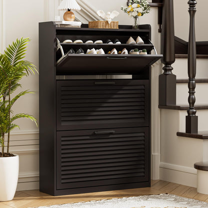 BonVache Shoe Storage with 3 Flip Louvered Doors, Narrow Wooden Shoe Cabinet 120x80x24cm with Adjustable Shelves For Hallway, Entreway