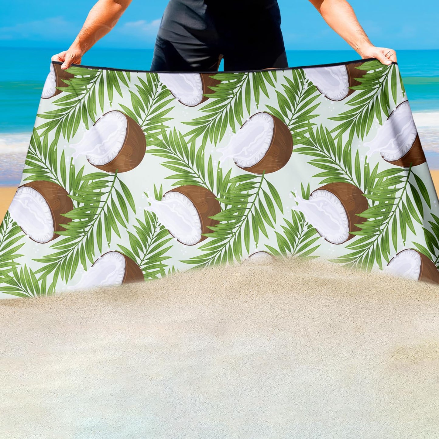 Violetpos Coconut & Palm Leaf Beach Towel, Extra Large 180x90 cm 250GSM Microfibre, Sand Free Quick Dry