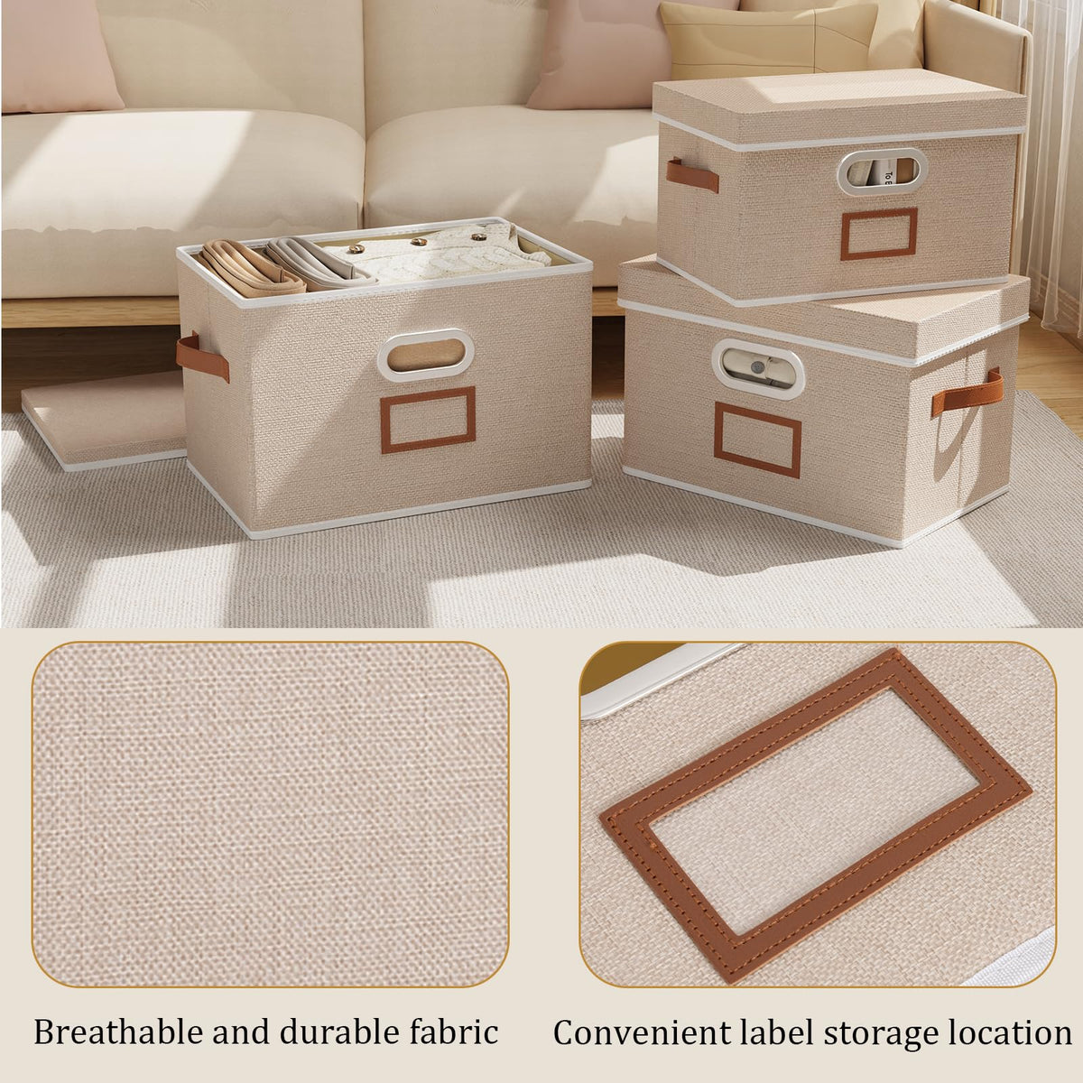 OUTBROS 3 Set Storage Boxes with Lids, Organiser Box 45×30×30cm, Beige