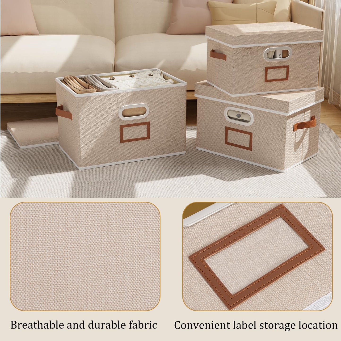 OUTBROS 3 Set fabric Storage Boxes with lids, 32x23x20cm Baskets, Beige