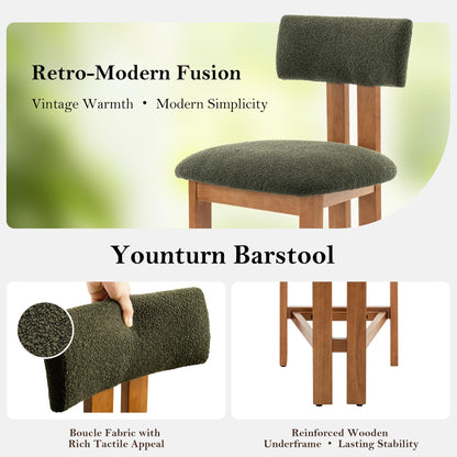younturn Retro Mid Century Bar Stools Set of 2, Comfort Padded Boucle Upholstered Seats Breakfast Barstools with Backrest and Solid Wooden Legs