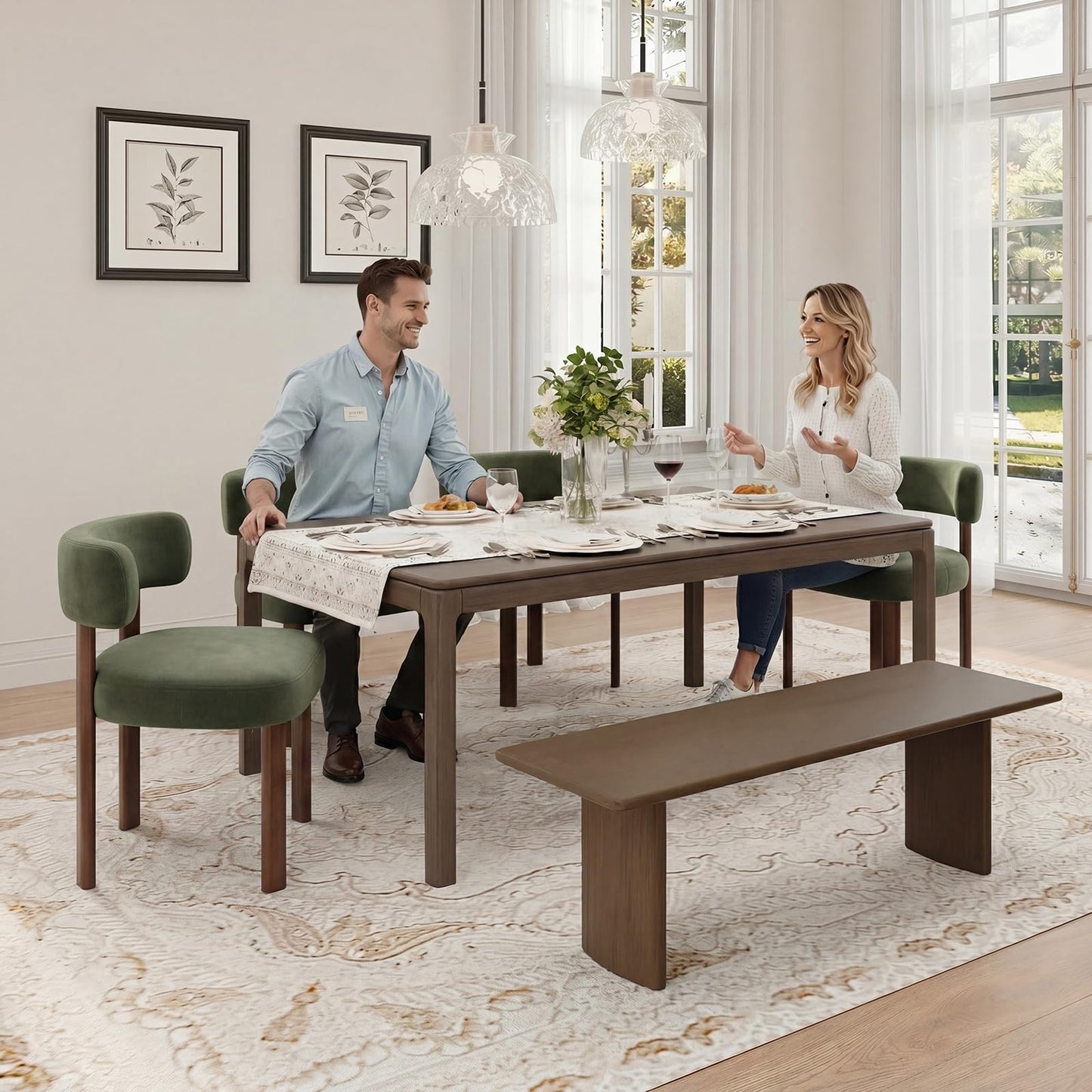 COLAMY Wooden Dining Chairs Set of 6, Velvet Fabric Chairs for Dining Room with Open Curved Backrest and Thick Seat Cushion