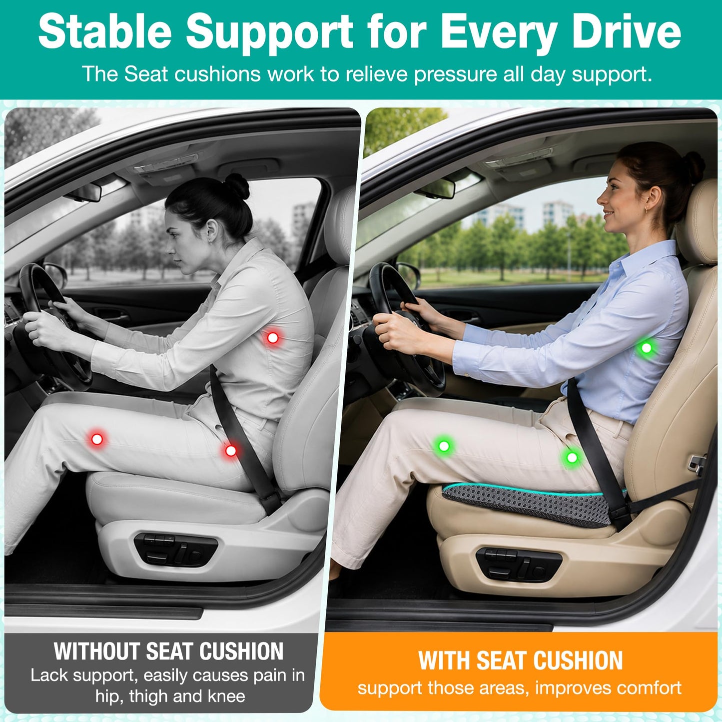 XomRo Car Seat Cushion for Driving Memory Foam Car Wedge Seat Cushion Seat Booster Height Increase Posture Support Breathable 4D Mesh Pad Adjustable