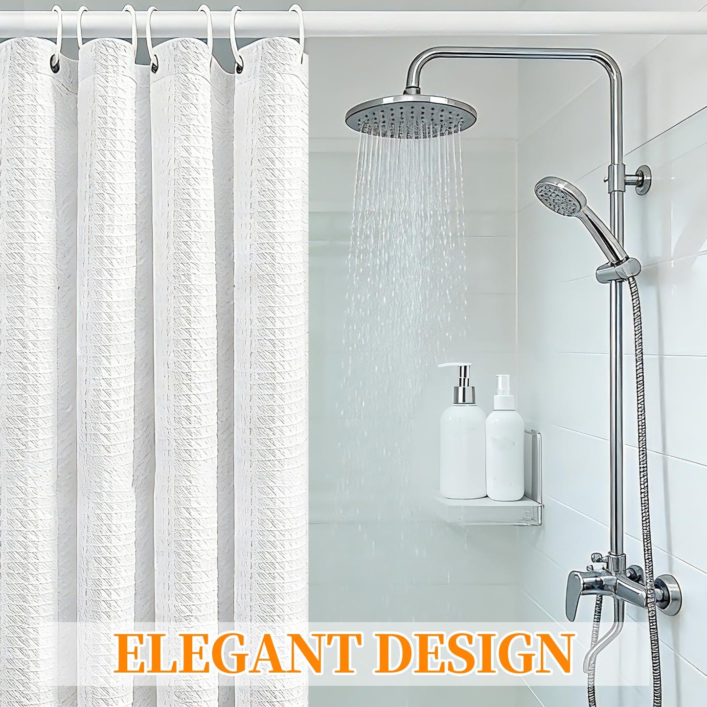 MospdyGear Water and Mould Proof Shower Curtain, White Waffle Weave Machine Washable 180x180cm with Hooks, Easy Clean Bathroom Decor