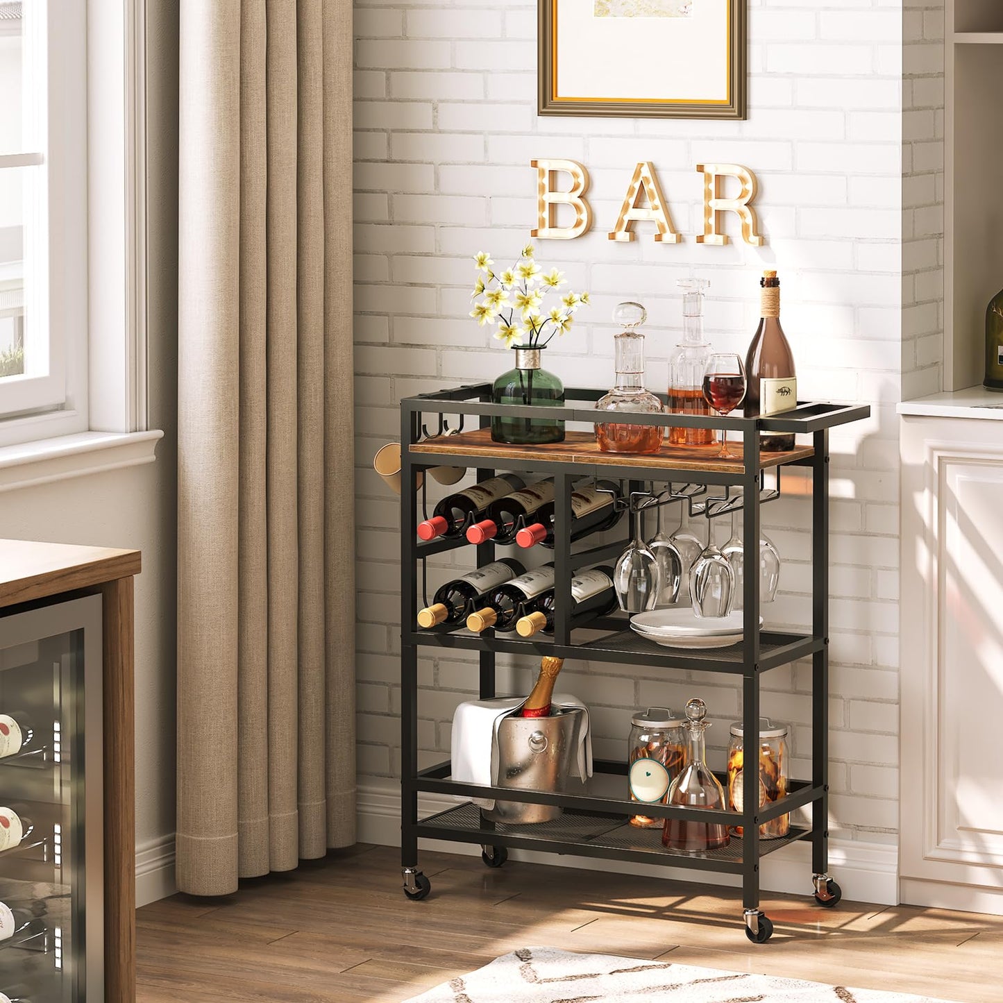 MAHANCRIS 3-Tier Drinks Trolley, Bar Cart for Home, Serving Trolley