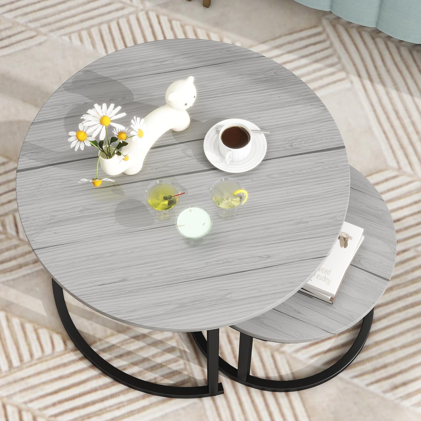 DUMEE Round Coffee Table, Set of 2 Nesting Table Side Table, for Living Room/Bedroom/Balcony (Grey, Dia 60/40cm)