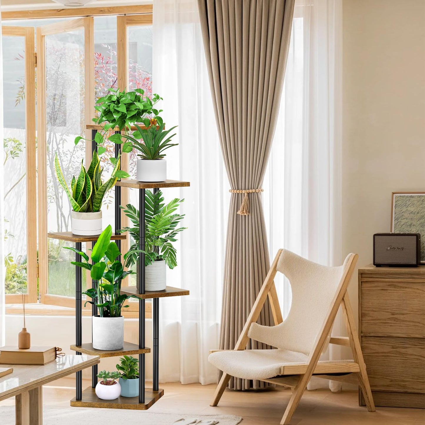 YOCOMEY 6 Tier Wood Tall Plant Stand Metal Rack Indoor, Multiple Flower Pot Holder Shelves Corner Rack, Planter Shelf Display Rack Storage Organizer