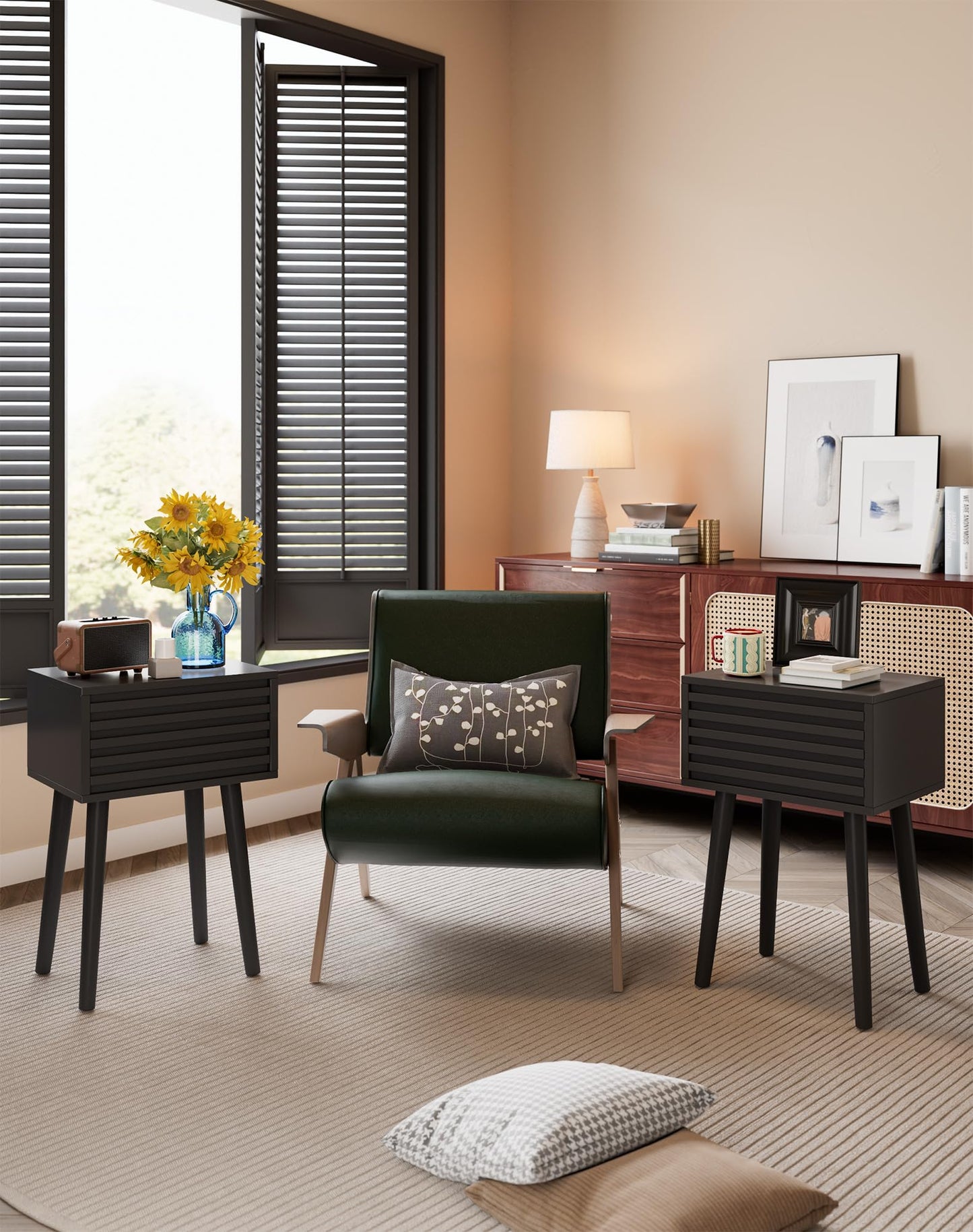 YMYNY Fluted Nightstand Set of 2, Small Bedside Table, Mid-Century Modern End Table, Push-to-Open Door, Solid Wood Legs, 35x27x53 cm, for Living Room