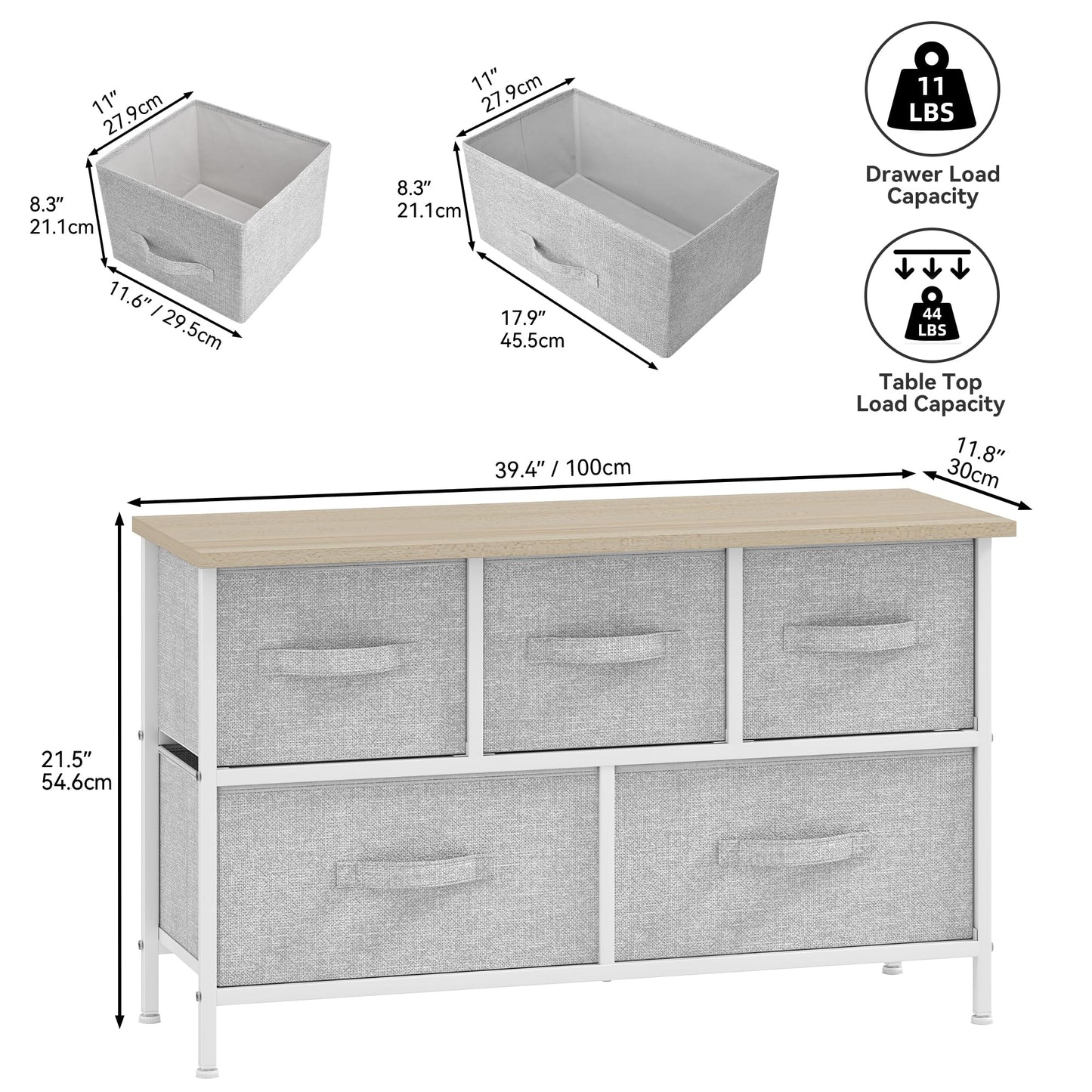 DWVO Chest of Drawers, 5 Fabric Drawers Bedroom Cabinet,Dresser for Bedroom,Living Room With Handles,Wood Top and Sturdy Steel Frame, Light Grey