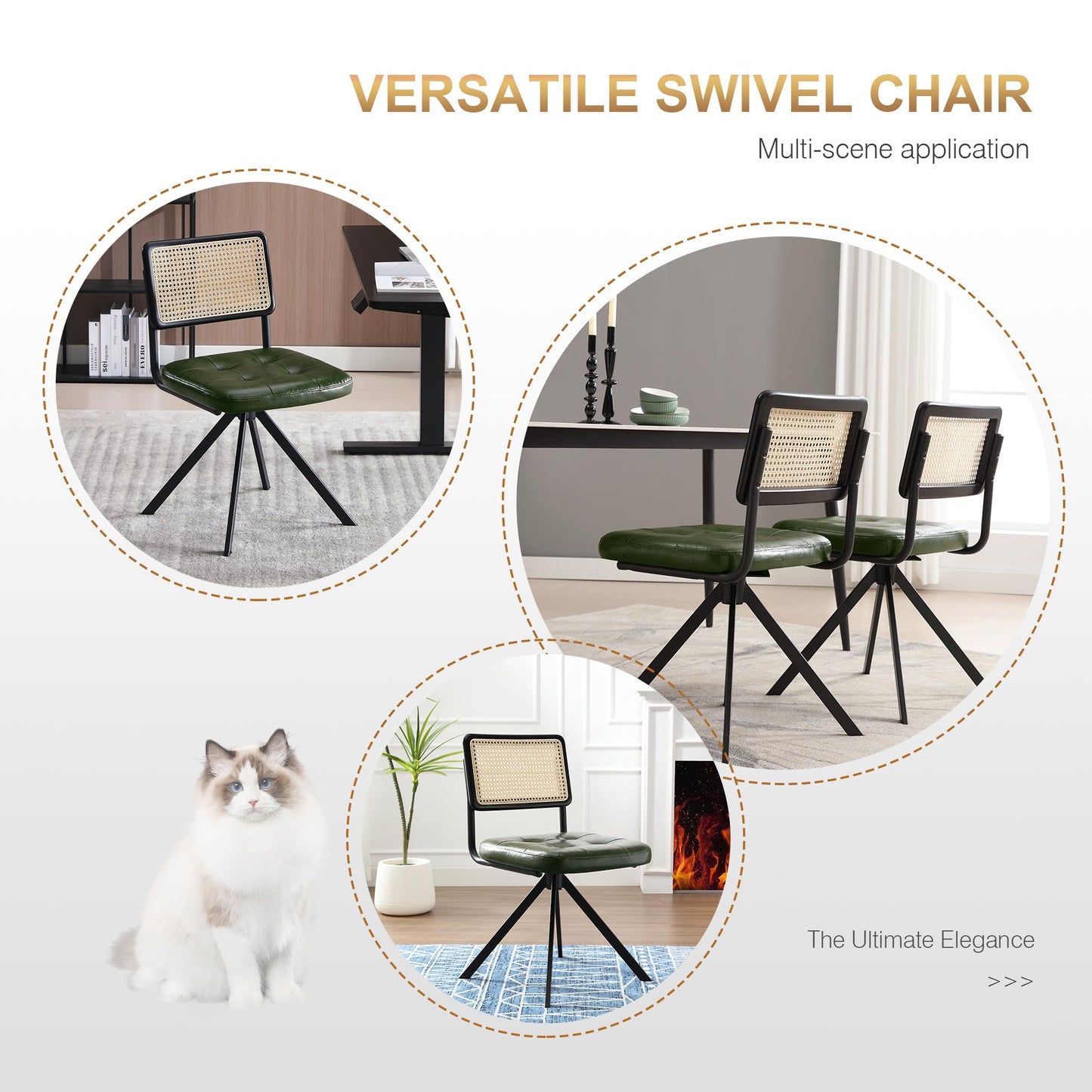 Zesthouse Rattan Desk Chair No Wheels, Mid Century Modern Home Office Chair with Cane Mesh & Wooden Back, Vintage Faux Leather Swivel Accent Chair