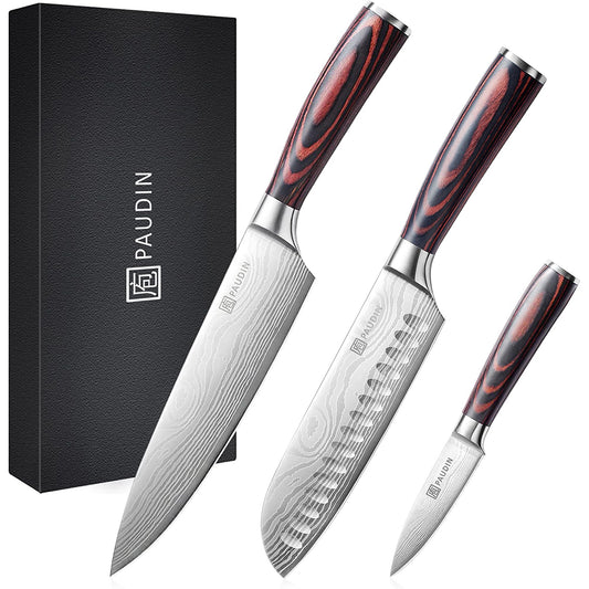 PAUDIN Chef Knife Set 3Pcs, Professional Kitchen Knife Set with High Carbon Stainless Steel, Sharp Chef Knives with 8 inche Chef Knife, 7 inch Santoku