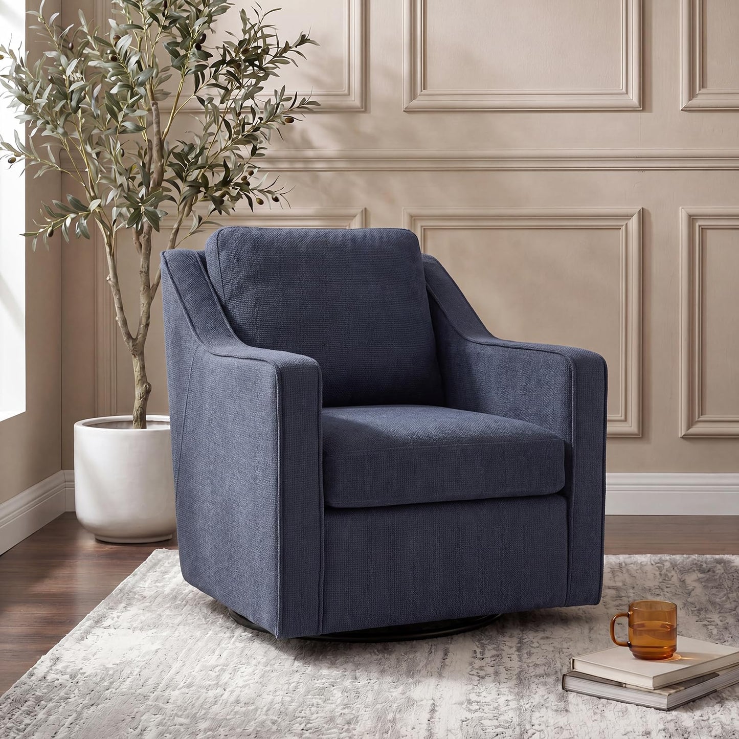 Swivel Armchair for Living Room, 360° Rotating Living Room Chair, Linen Fabric Accent Chair with Removable Seat Cushion & Pillow