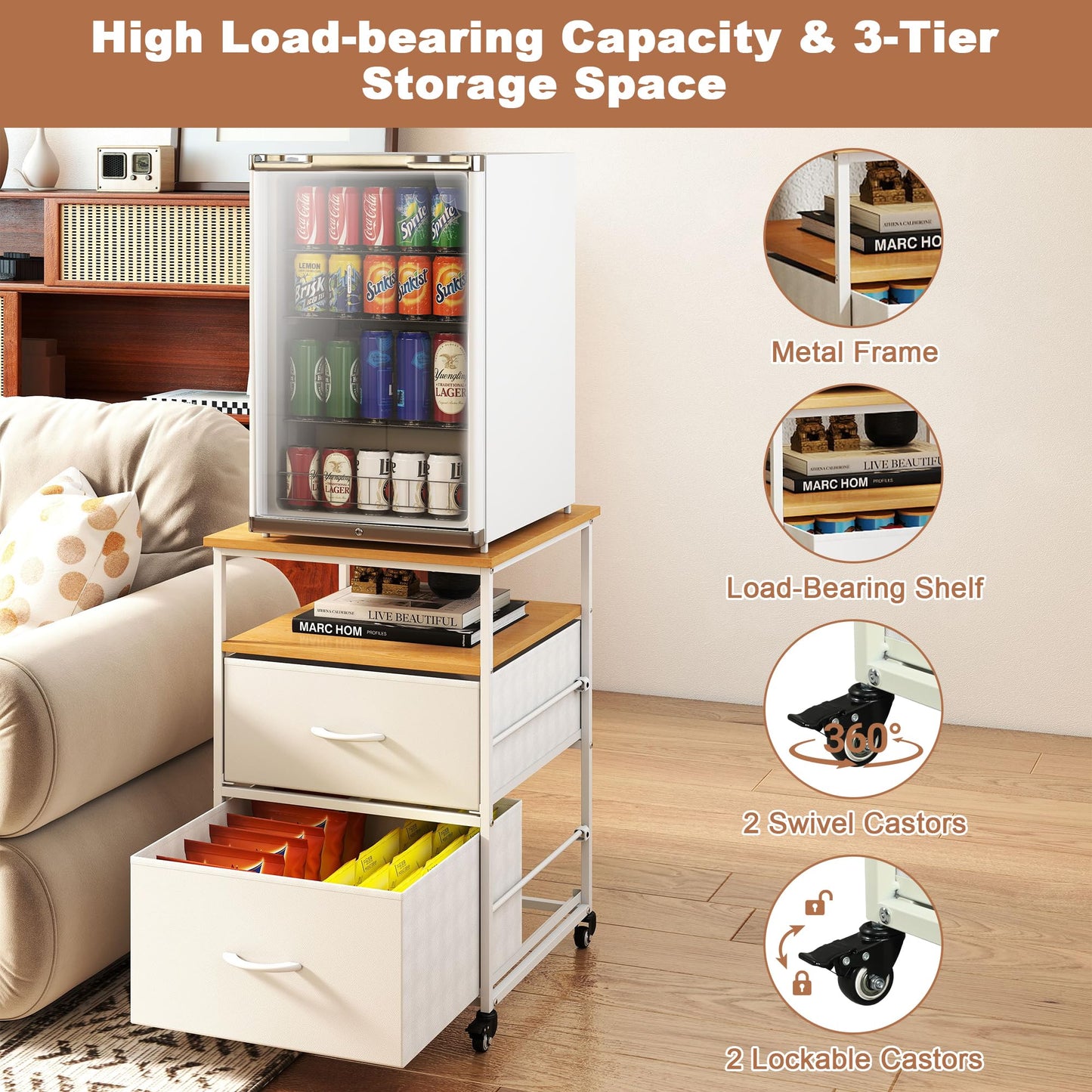 Turosur Mini Fridge Stand with Storage & Wheels, drinks fridge stand 167KG