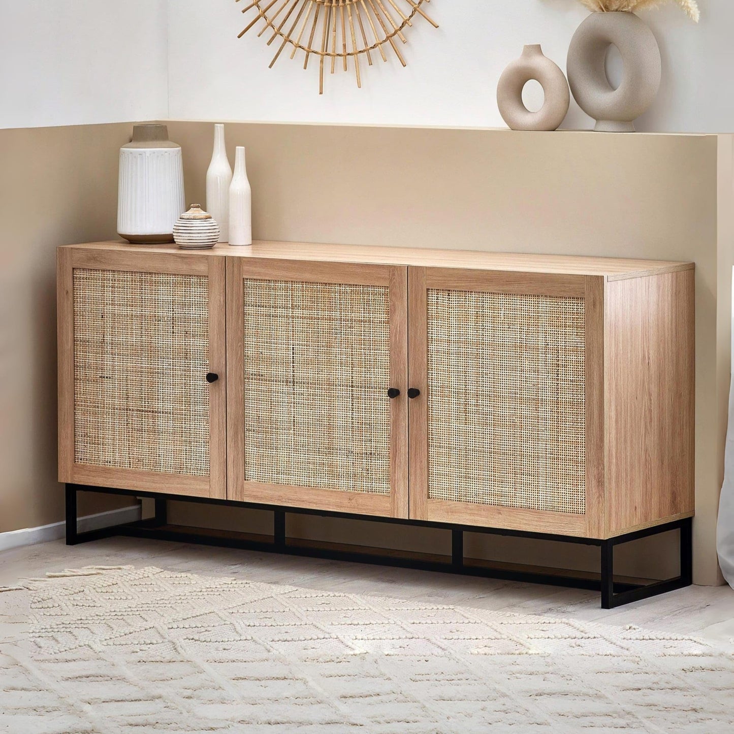 Julian Bowen Padstow Sideboard, Rattan Doors, Oak - H75 x W160 x D40cm