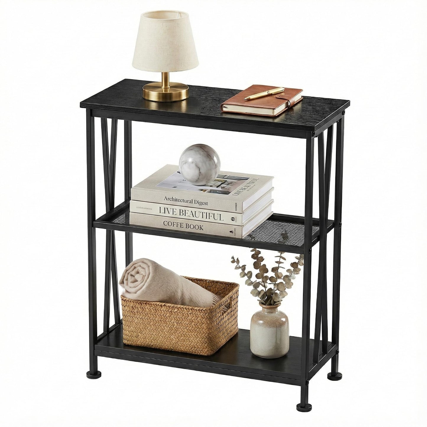 Narrow Side Table,3-Tier End Table With Storage Shelves,Small Hallway Table, Industrial Accent Table With Metal Frame Slim Nightstand Sofa Side Table