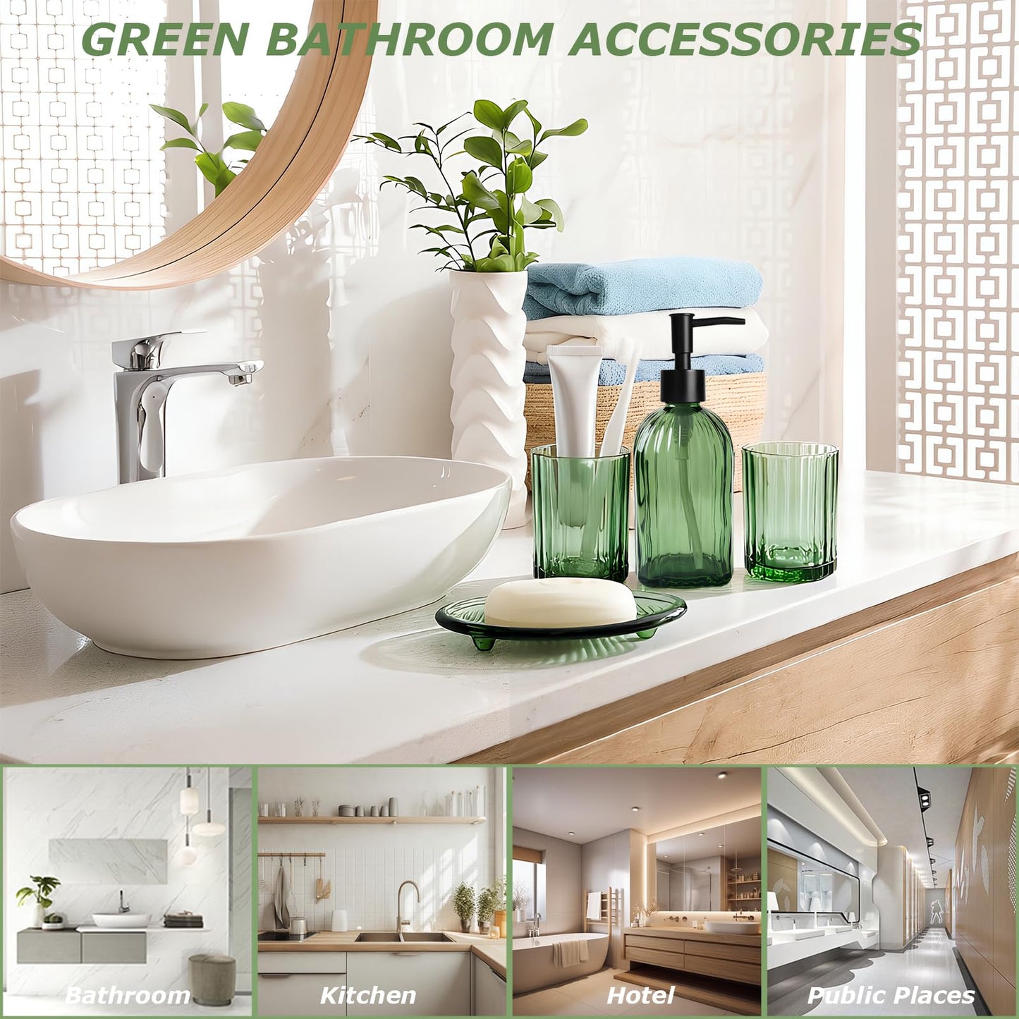GKSCXEXE 4PCS Green Bathroom Accessories Set, Bathroom Soap Dispenser Set
