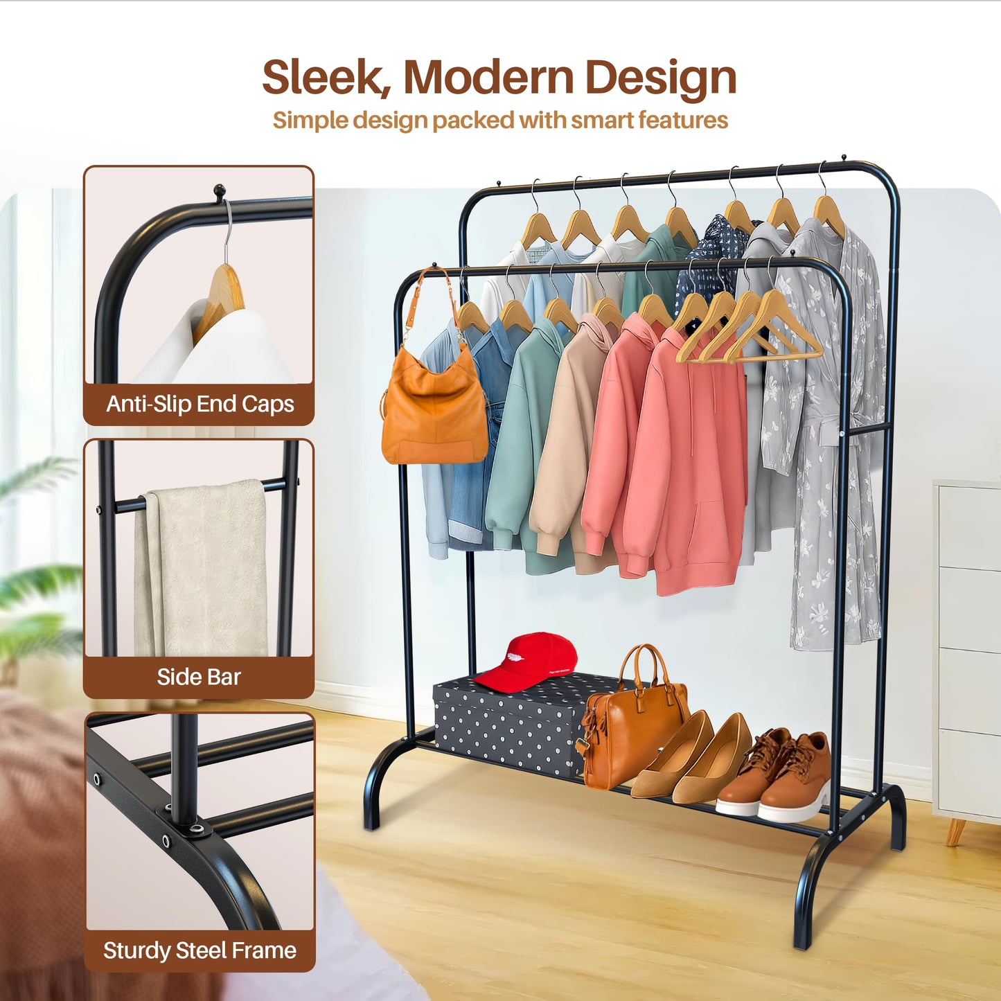 PORTENTUM Heavy Duty Steel Clothes Rack - Up to 35 kg - Double Bar Organizer and Shoe Rack - Free Standing Coat Racks with Non-Slip Feet