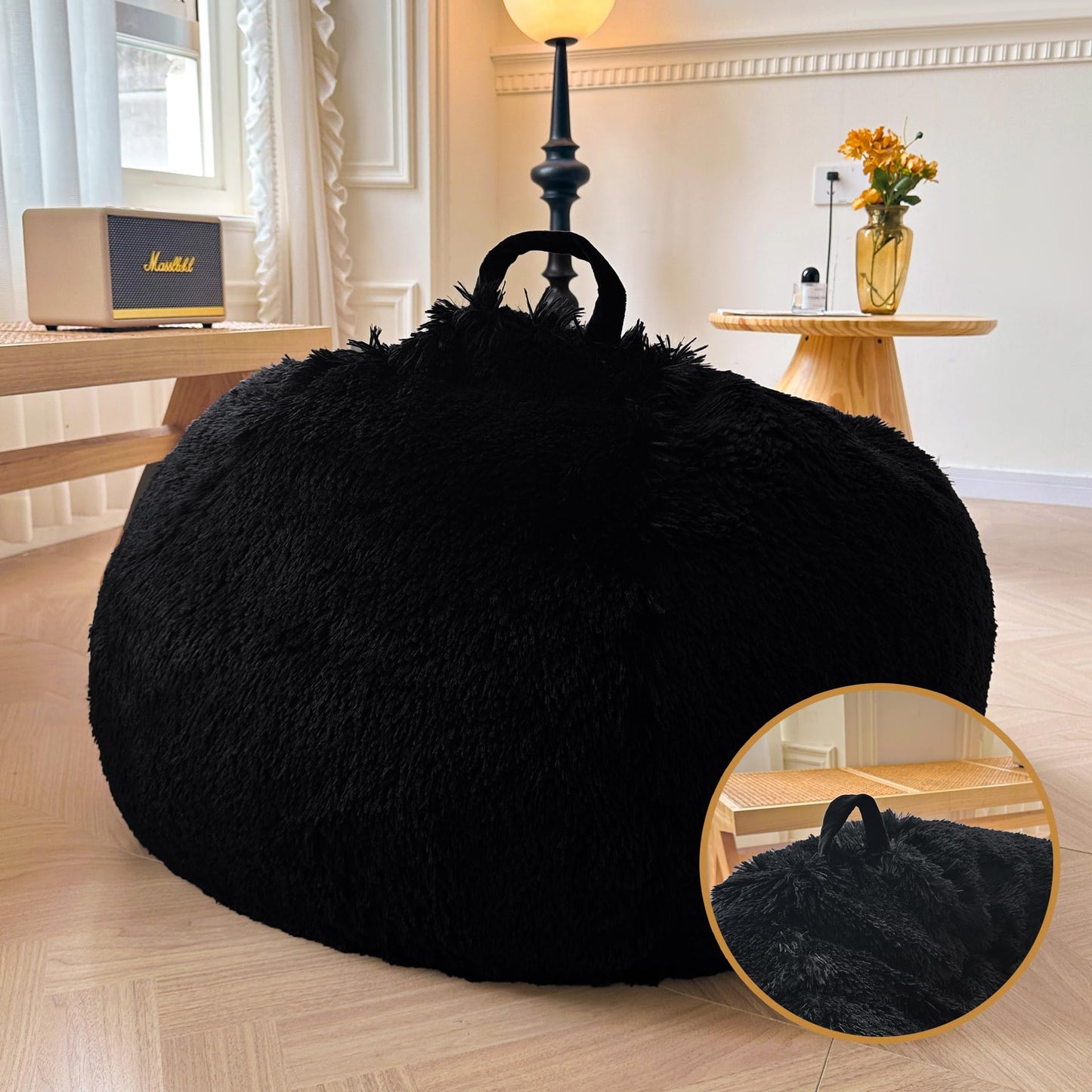 XeGe Soft Faux Fur Stuffed Animal Storage Bean Bag Cover(No Filler), Black