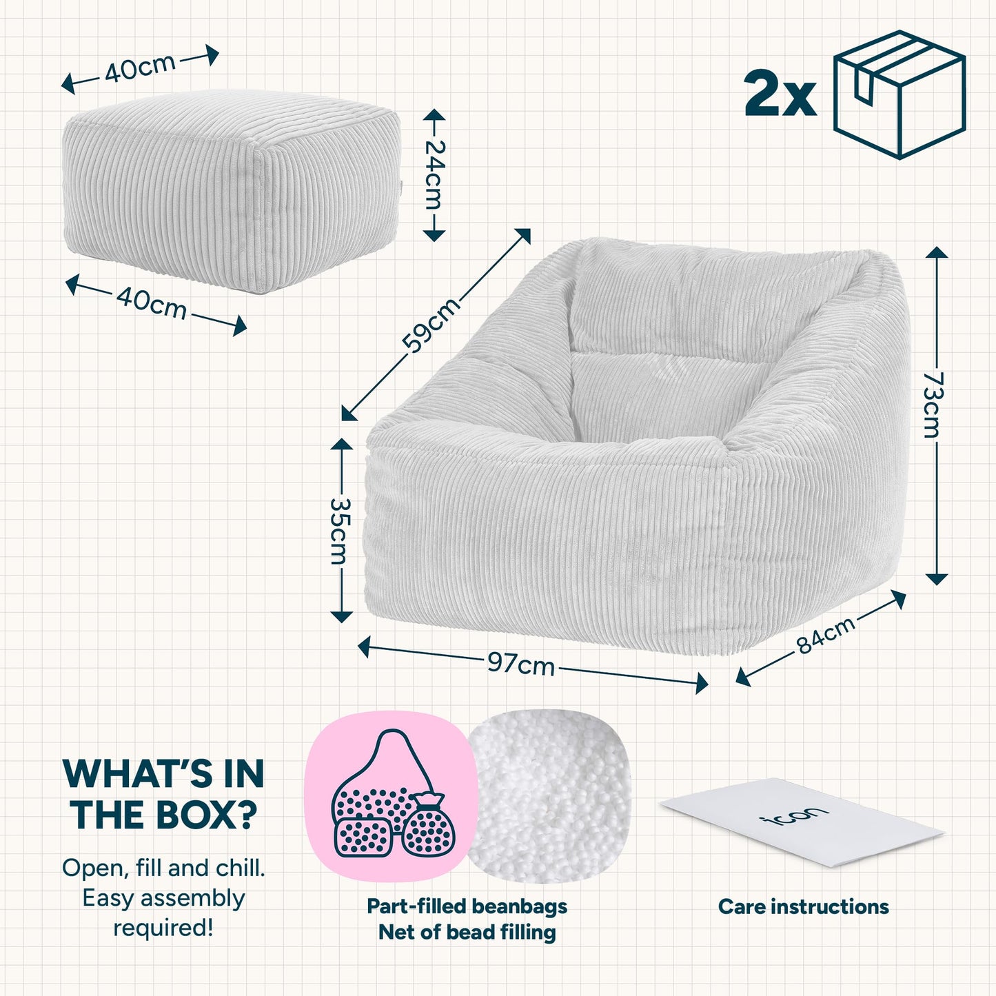 icon Natalia Cord Bean Bag Chair & Footstool with Filling Included, Teal