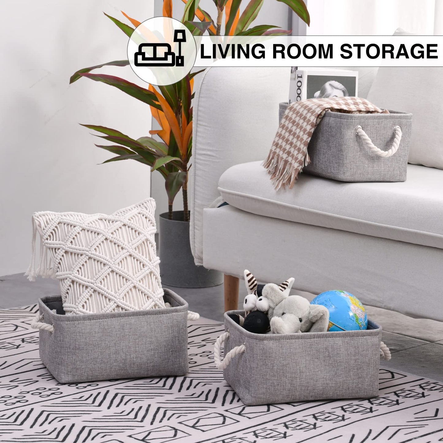 Kriovoa 3 Pcs Fabric Storage Baskets, Foldable Storage Baskets with Handles, Canvas Storage Boxes for Shelves, Toys, Clothes, Books 31x21x16cm, Grey.