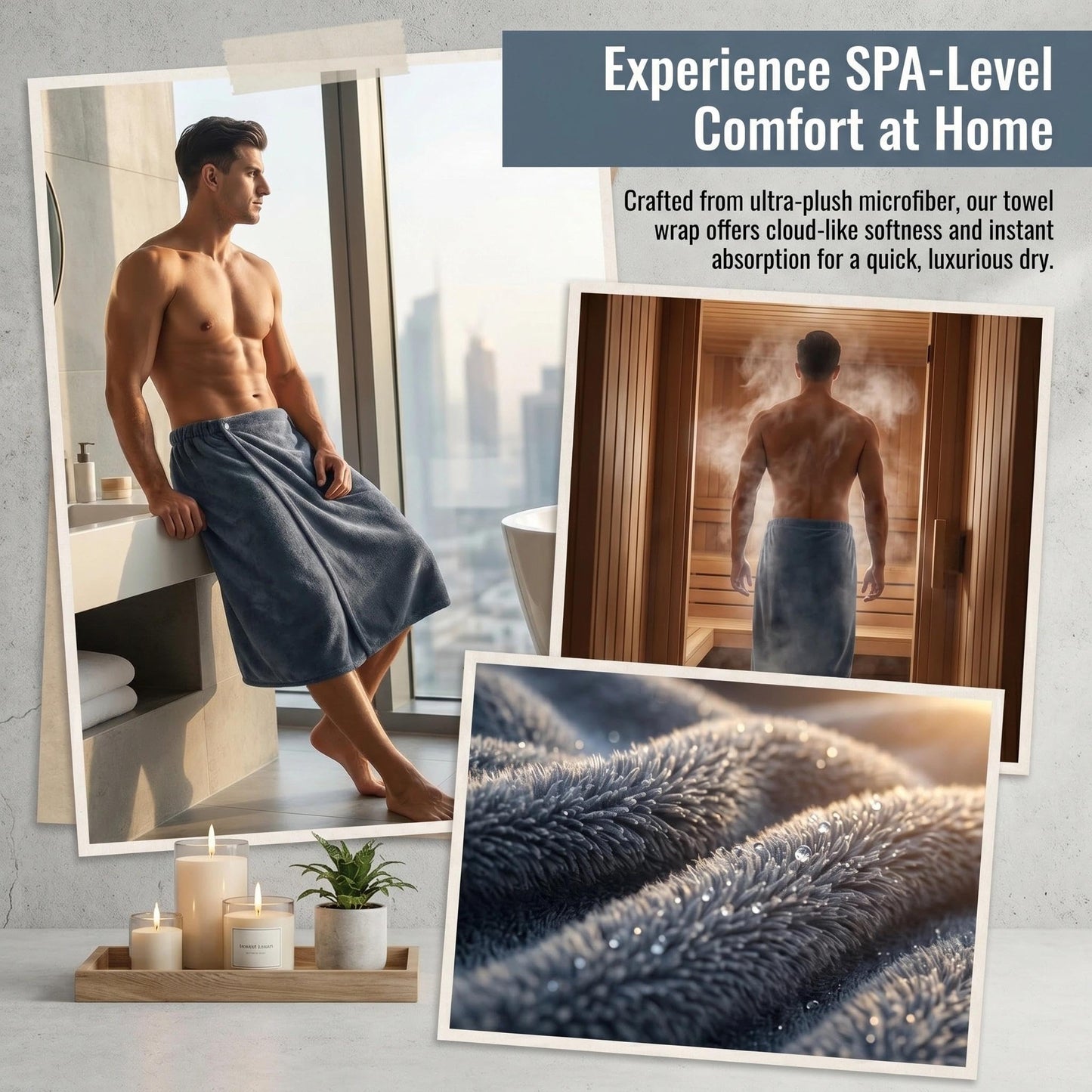 HUANYO Men's Bath Towel Wrap with Pocket – Adjustable, Super Absorbent Towel Skirt for Home, Gym, Spa, Beach & Pool (Grey)