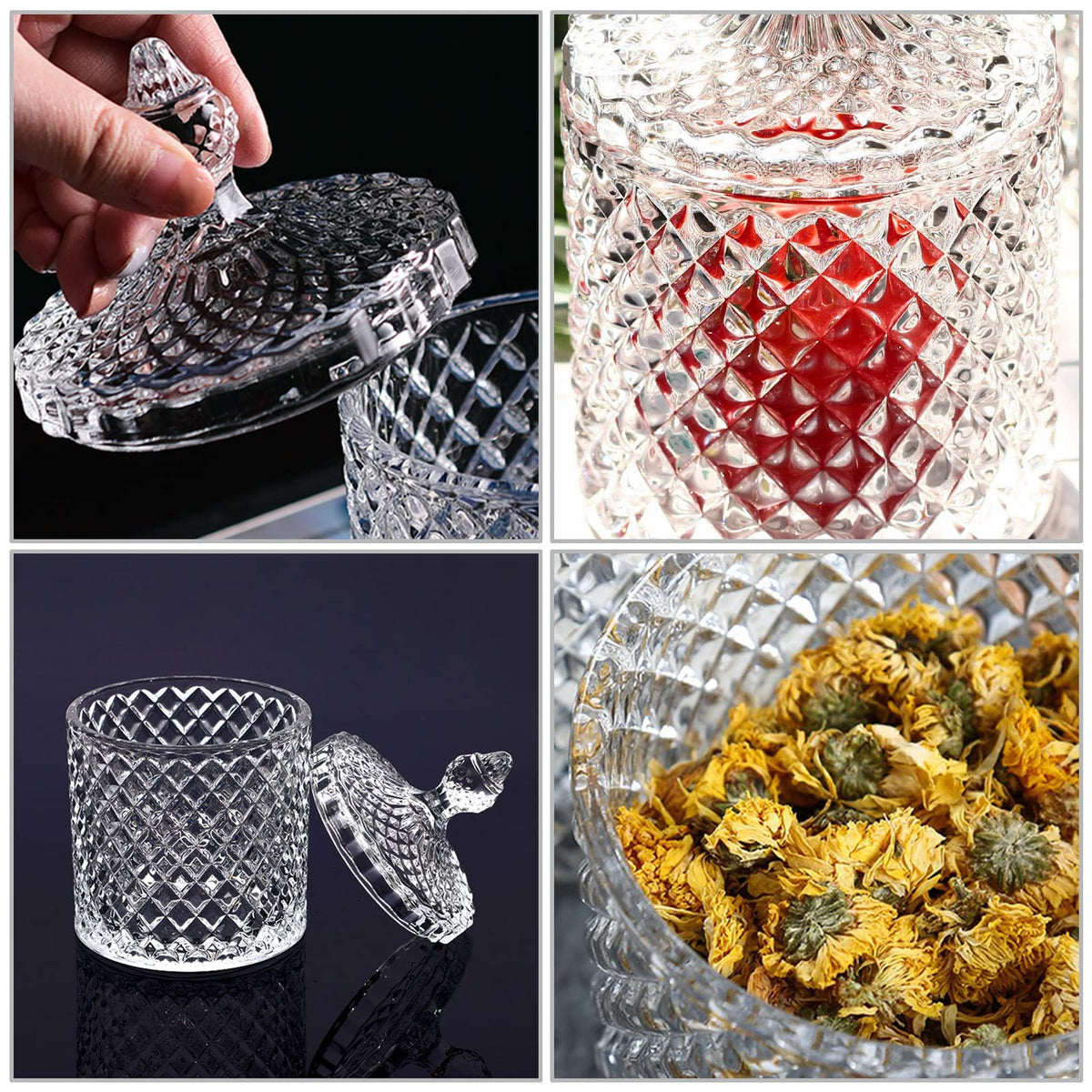 AMJKEJI 2 Pcs Cotton Bud Holder Organizer Home Decor Clear Glass Storage Jars with Lid Sweet Jars Bathroom Accessory Makeup Vanity Cotton Balls Wool