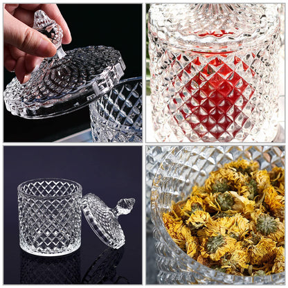 AMJKEJI 2 Pcs Cotton Bud Holder Organizer Home Decor Clear Glass Storage Jars with Lid Sweet Jars Bathroom Accessory Makeup Vanity Cotton Balls Wool