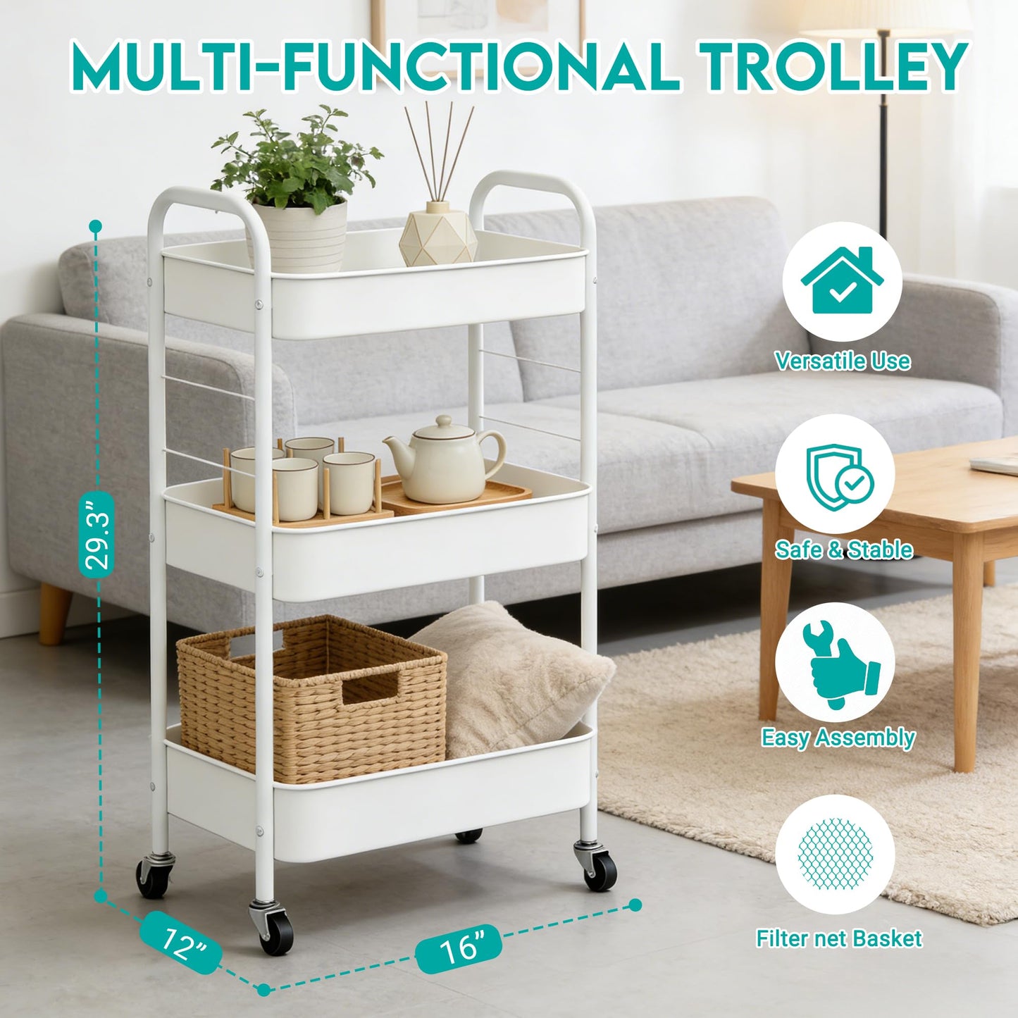 ZOESTORAGE 3 Tier Trolley Cart,Metal Storage Trolley on Wheels for Kitchen,Laundry,Bedroom and Storage Cart for Book,Veg,Snack,White