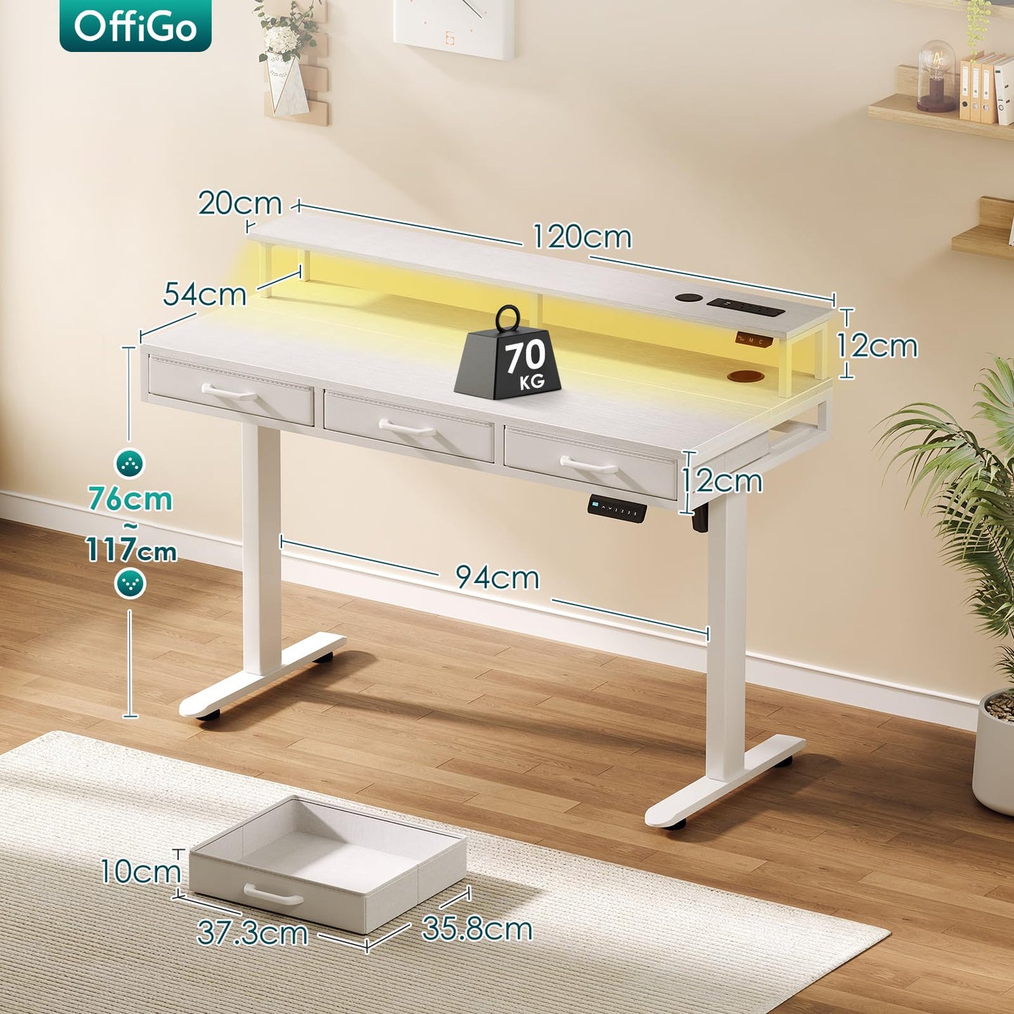 OffiGo Standing Desk with 3 Storage Drawers, 120cm Height Adjustable Desk