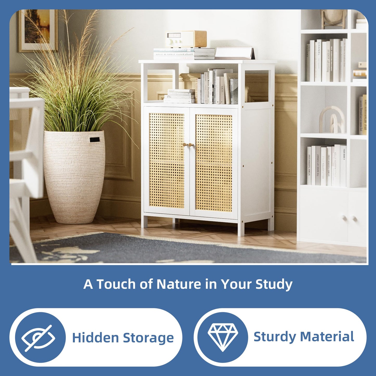 HITNET Bamboo Cabinet, Bathroom Storage Cabinet with Rattan Doors, Freestanding Floor Cupboard for Living Room, Hallway, Entryway, White