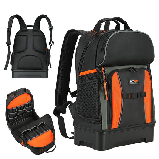 TUFFWORX Tool Backpack with Hard Bottom, Heavy Duty Storage Bag, Multiple Compartments, Black and Orange