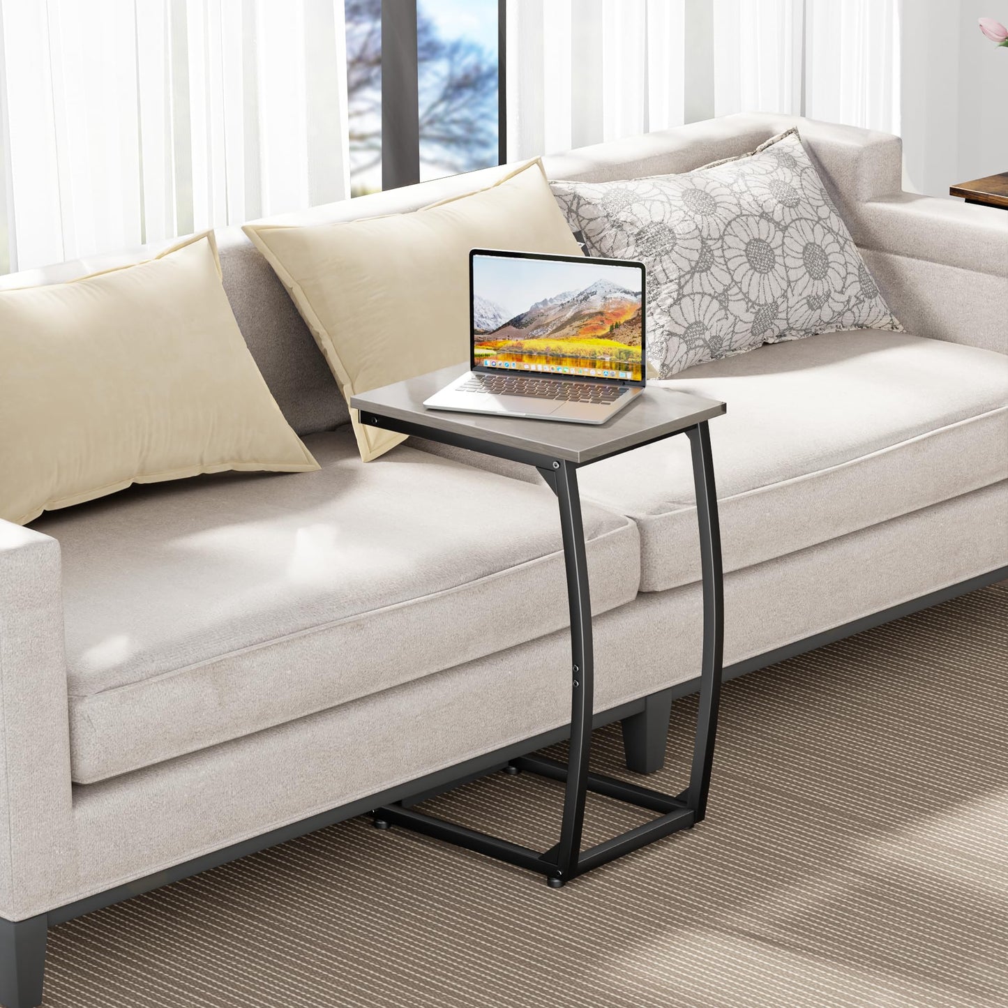 LAKEMID C Shaped End Table, Side Table for Couch, TV Tray Table for Living Room Bedroom (Grey)