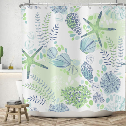 ASDCXZ Maritim Shower Curtain 180x200 cm, Blue Green Sea Animals Starfish Shell Leaves Maritime Nautical Washable Shower Curtains Polyester Textile