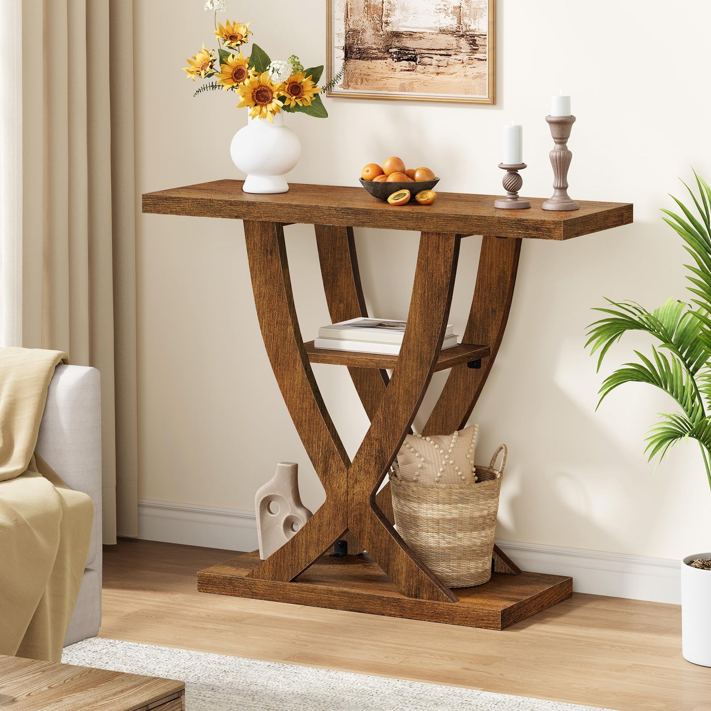 FAVOOSTY Slim Console Table for Hallway, 3-Tier Half Moon Narrow Entryway Table with Shelves, Industrial Behind Sofa Table