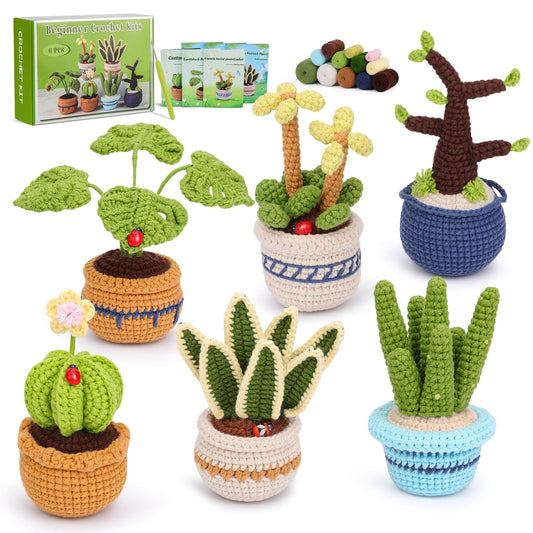 JUAYING Crochet Kit for Beginners Adults, 6 PCS Potted Plant Crochet Kit, Crochet Starter Kit, Include Step-by-Step Video Tutorial, Instruction