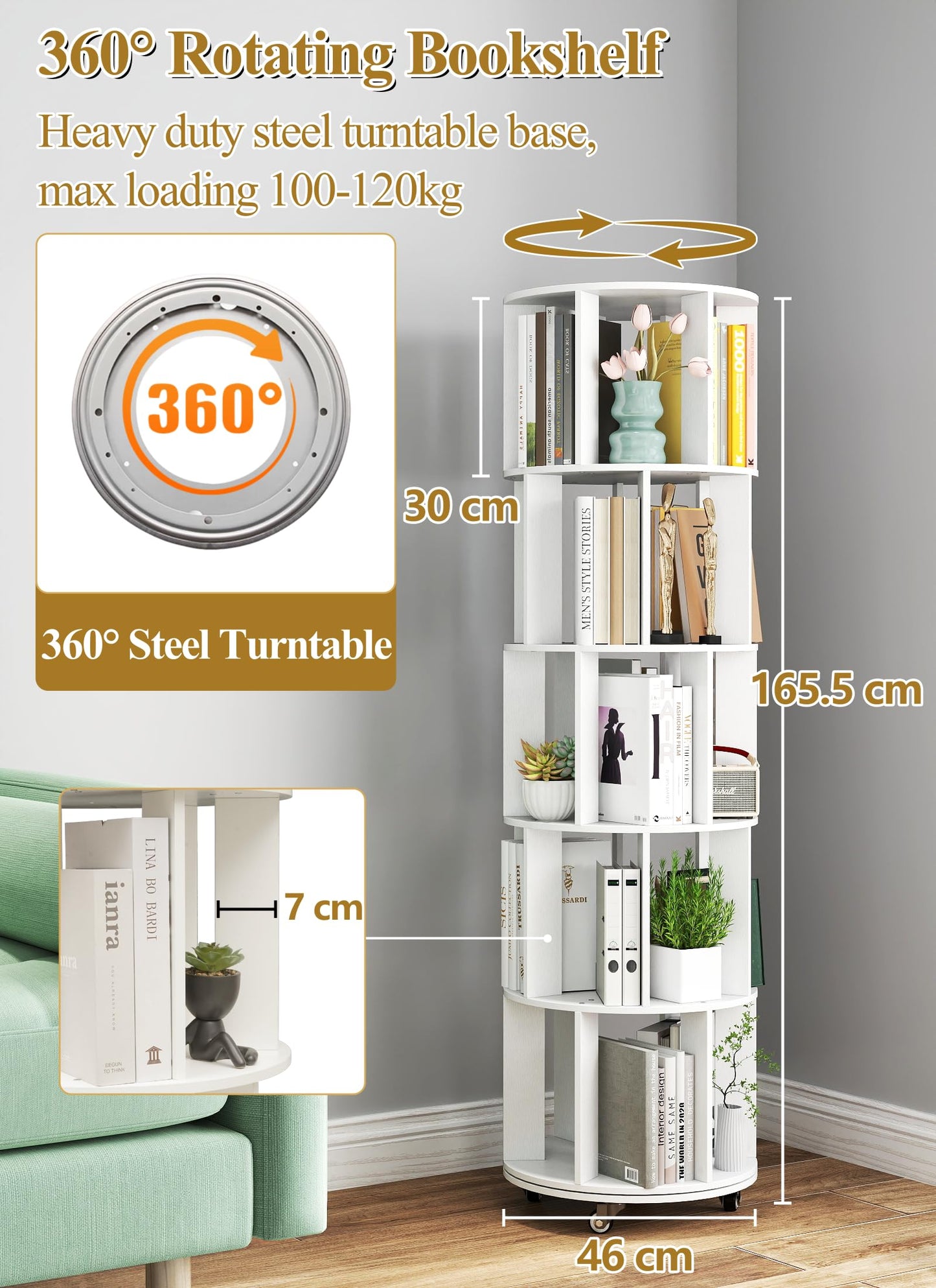 yeshine White Rotating Bookshelf Kids 5-Tier Spinning Bookcase