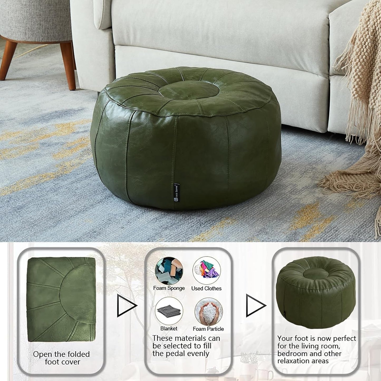 Louis Donné Moroccan Pouffe Cover, Faux Leather Waterproof Ottoman Cover Unstuffed