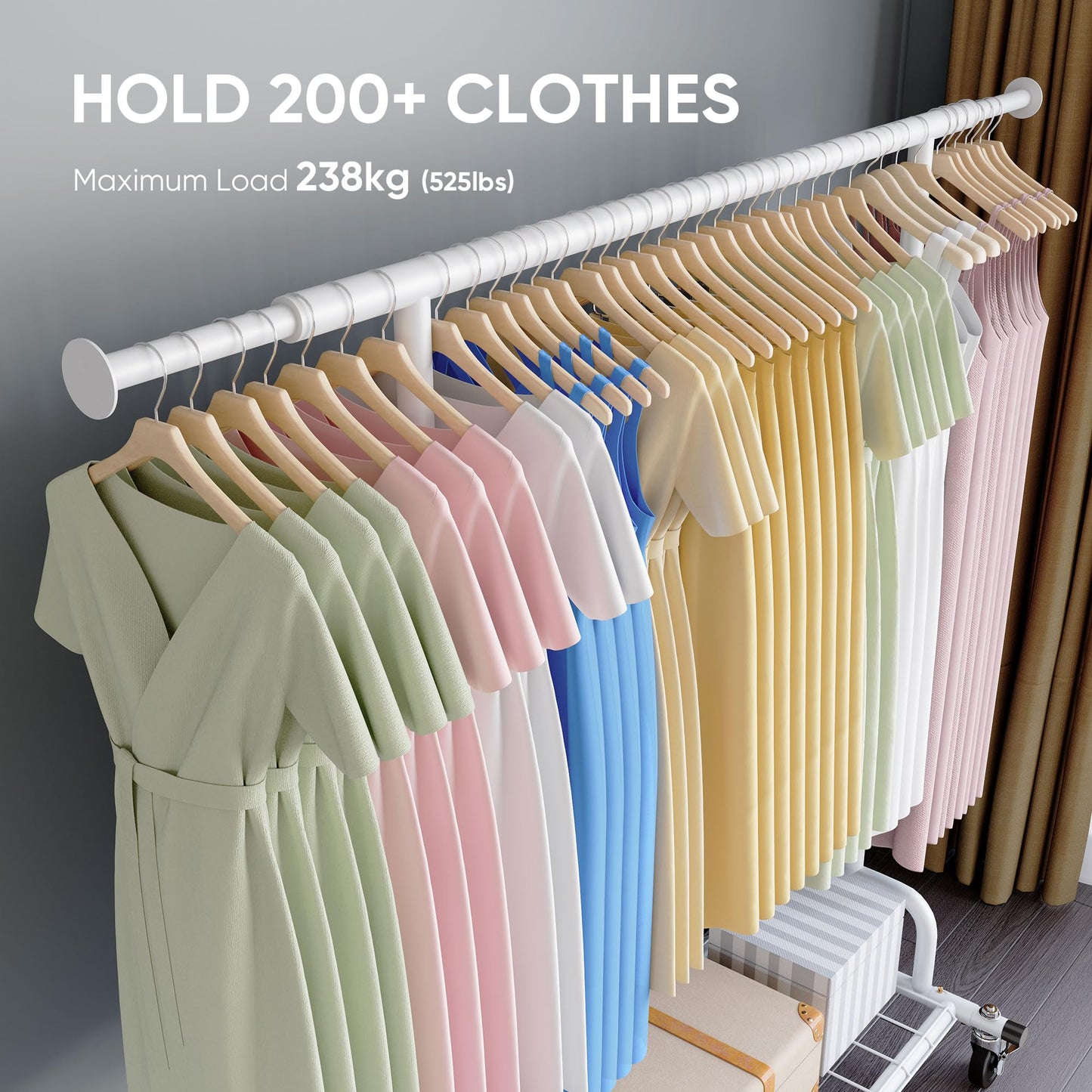 HOKEEPER Heavy Duty Clothes Rail 238kg (525lbs) Capacity, Extendable Hanging Rack with Lockable Wheels & Shelves, Space Saving for Bedroom, Apartment