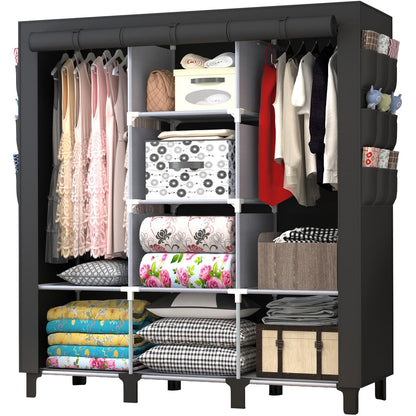 chunyangjingpin Portable Closet with 2 Hanging Rails & 8 Shelves, Bedroom Wardrobe with 18 Side Pockets, Foldable Garment Organiser Black