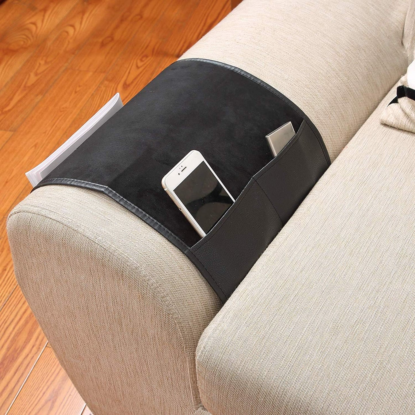 No-slip Leather Sofa Couch Remote Control Holder Chair Armrest Caddy Pocket Organizer Storage Bag for Cellphone Tablet Notepad Magazines Glassess
