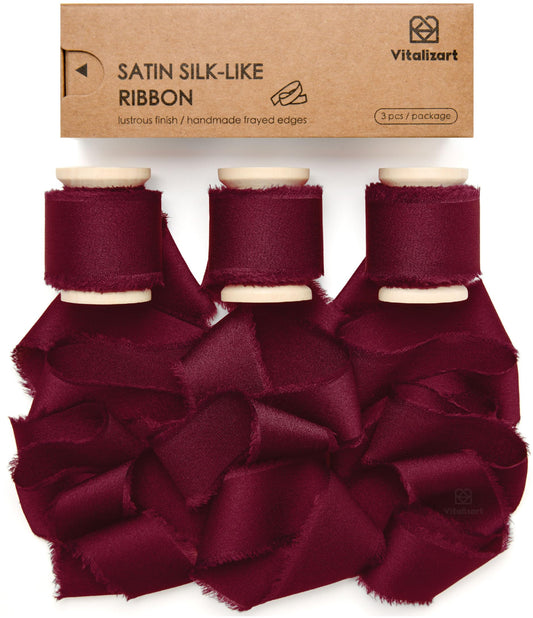 Vitalizart Burgundy Silky Satin Ribbon 1'' x 15 Yard Wooden Spool, Handmade Frayed Ribbon for Gift Wrapping Wedding Bridal Bouquets Autumn Decoration