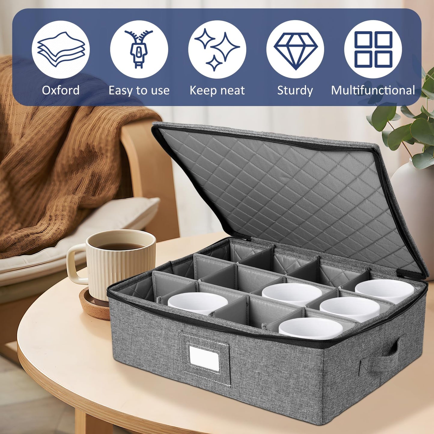 GWCYMYD Cup and Mug Storage Box with Dividers, Foldable Tea Cup Storage Box with Handles and Zipper Lid, Holds 12 Glassware Cups for Moving, Packing